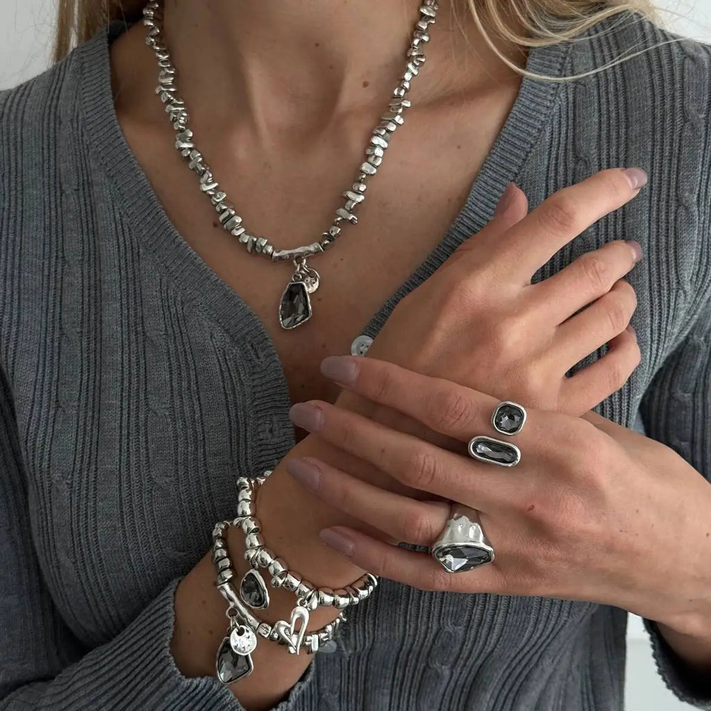 SHIXIN 5Pcs/Set Elegant Rhinestones Acrylic Beaded Necklace Bracelet Ring For Women Luxury Stackable Adjustable Open Jewelry Set