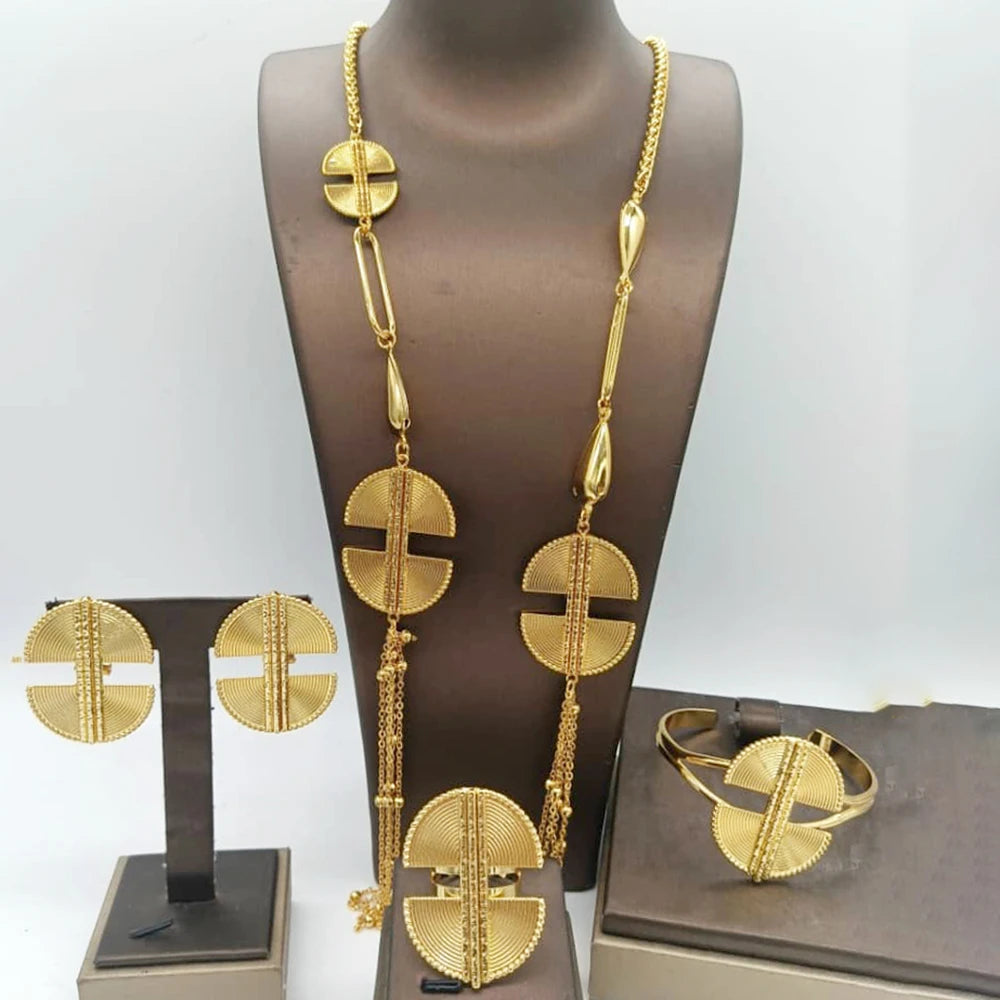 Five Layer Jewelry Set For Women Trendy Long Chain 80cm Necklace Cuff Bangle Adjustable Ring Geometry Earrings Jewelry Accessory