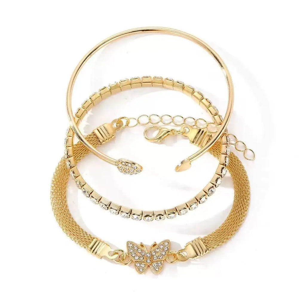 3PCS set Fashionable Retro Heart-Shaped Bright Diamond Bracelet With Geometric Adjustable Infinite Cuffs Bracelet Bead Jewelry