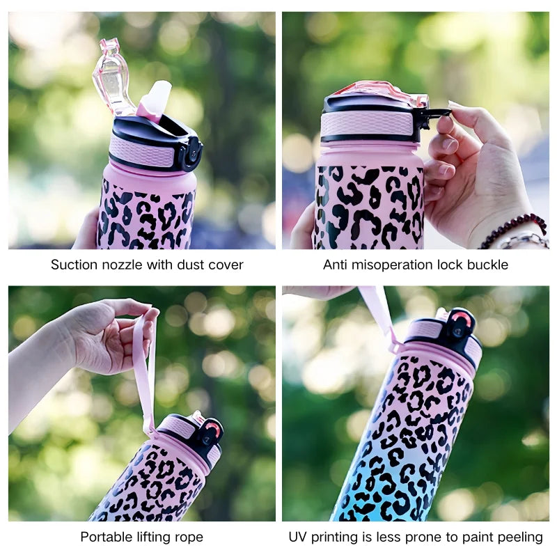 1 Liter Large Capacity Leopard print Plastic Cup Leak Proof Sports Water Bottle Drink items Outdoor Travel Portable Gym Bottle